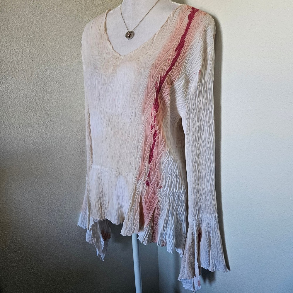 Dress U by Sharon Crinkle Texture V-Neck Top Abstract Watercolor Bell Sleeve